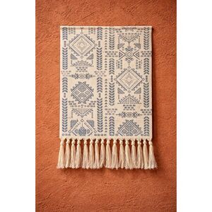 Handwoven Boho Wall Hanging / Table Mat with Tassels – Neutral & Indigo